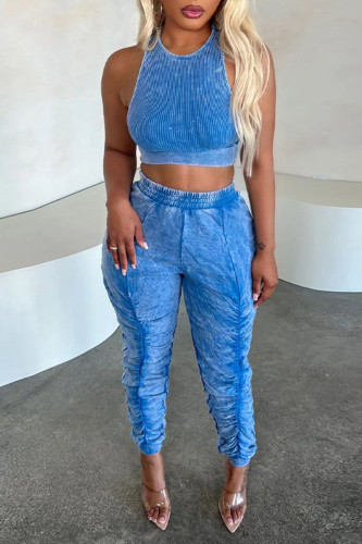 Blue Casual Solid Patchwork Fold O Neck Sleeveless Two Pieces