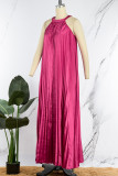 Vestido largo con cuello en O plisado sólido casual rosa púrpura (sin cinturón)