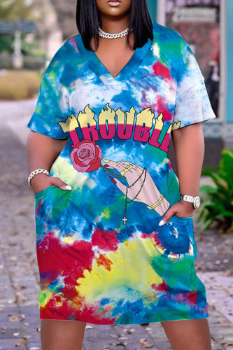 Blue Casual Print Patchwork V Neck Short Sleeve Dress