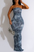 Grey Sexy Print Backless Strapless Long Dress Dresses