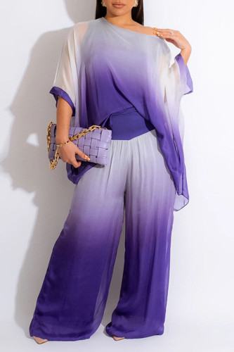 Purple Casual Gradual Change Print Patchwork Oblique Collar Half Sleeve Two Pieces
