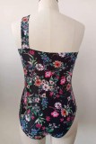 Black Sexy Print Hollowed Out Backless One Shoulder Plus Size Swimwear (With Paddings)