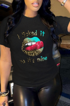 Zwarte casual street print lippen bedrukte patchwork T-shirts met ronde hals