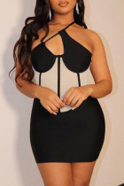 Черное сексуальное лоскутное платье без рукавов с открытой спиной и косым воротником