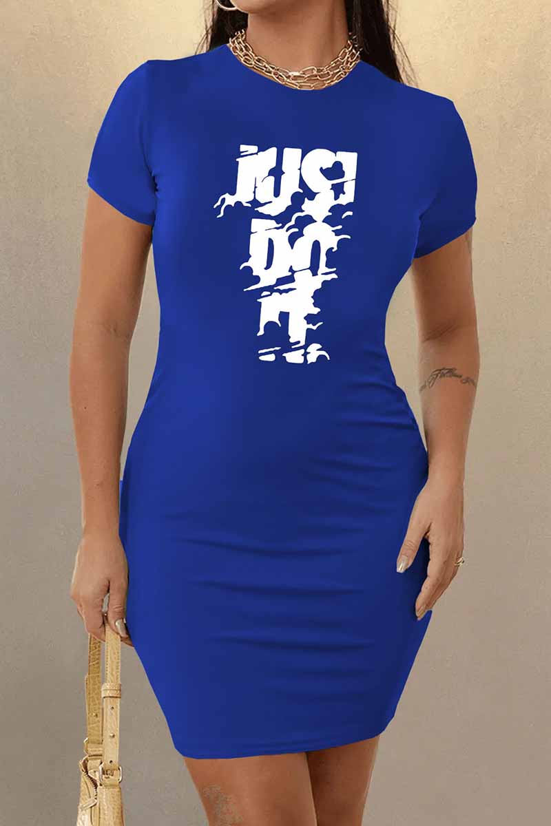 

Blue Casual Print Letter O Neck One Step Skirt Dresses