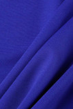 Patchwork solide élégant bleu royal avec des robes de jupe d'étape de col en V d'arc