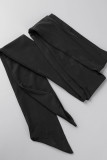 Черное повседневное уличное однотонное платье-рубашка в стиле пэчворк с отложным воротником и пряжкой Платья больших размеров