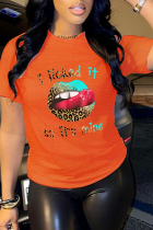 Orange Casual Street Print Lips Printed Patchwork O Neck T-Shirts