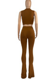 Brown Sexy Solid Hollowed Out Patchwork O Neck Sleeveless Two Pieces
