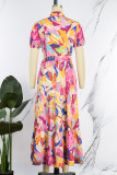 マルチカラー カジュアル プリント パッチワーク ターンダウン カラー 半袖 ドレス ドレス
