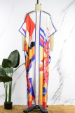 Rosa Gul Casual Street Print Patchwork Slit V-hals Oregelbunden klänning Plus Size Klänningar