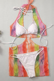Colour Sexy Print Patchwork See-through 3 Piece Sets