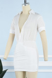 White Sexy Solid Patchwork V Neck Shirt Dress Dresses