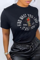 Camisetas pretas casuais com estampa vintage patchwork letra O no pescoço
