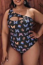 Black Sexy Butterfly Print Hollowed Out Backless Oblique Collar Plus Size Swimwear (With Paddings)