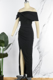 Black Sexy Formal Solid Patchwork Slit Off the Shoulder Evening Dress Dresses