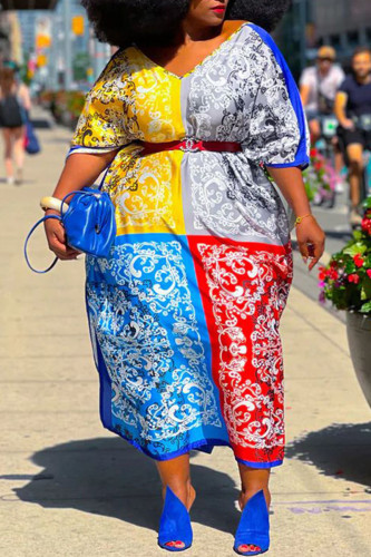 Red Blue Casual Street Print Patchwork Slit V Neck Irregular Dress Plus Size Dresses
