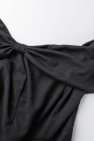 Black Sexy Formal Solid Patchwork Slit Off the Shoulder Evening Dress Dresses