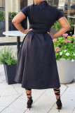 Zwarte elegante effen bandage patchwork lint kraag A-lijn jurken
