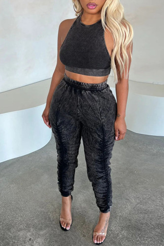 Black Casual Solid Patchwork Fold O Neck Sleeveless Two Pieces