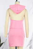 ピンク カジュアル ソリッド パッチワーク バックレス フード付き カラー ドレス