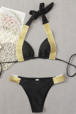 Black Gold Sexy Solid Bandage Patchwork Swimwears