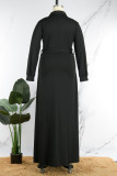 Zwarte casual straat effen patchwork gesp turndown kraag overhemdjurk grote maten jurken