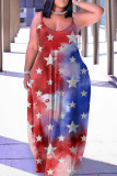 Red Blue Sexy Casual Flag Star Print Backless Spaghetti Strap Long Loose Cami Maxi Dresses