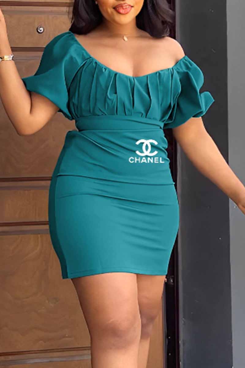 

Ink Green Sexy Street Print Backless Letter V Neck One Step Skirt Dresses
