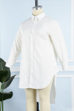 Белое повседневное однотонное платье-рубашка в стиле пэчворк с отложным воротником Платья больших размеров