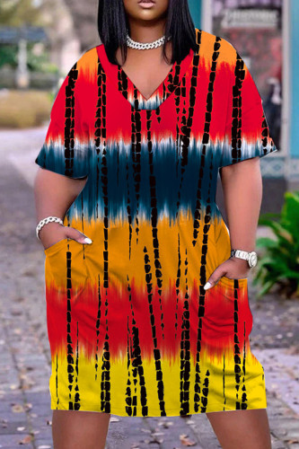 Tangerine Red Casual Print Patchwork Basic V Neck Short Sleeve Dress