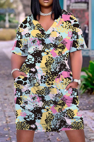 Black Yellow Casual Print Patchwork Basic V Neck Short Sleeve Dress