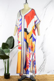 Groen Geel Casual Street Print Patchwork Spleet V-hals onregelmatige jurk Grote maten jurken