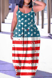 Red Blue Sexy Casual Flag Star Print Backless Spaghetti Strap Long Loose Cami Maxi Dresses