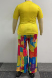 Kaki Casual Print Ripped Patchwork O Neck Plus Size Two Pieces