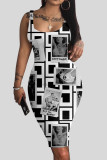 Weiß Casual Street Print Patchwork Bleistiftrock Kleider mit U-Ausschnitt