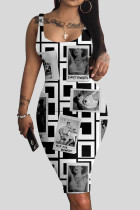 ホワイト ブラック カジュアル ストリート プリント パッチワーク Uネック ペンシル スカート ドレス
