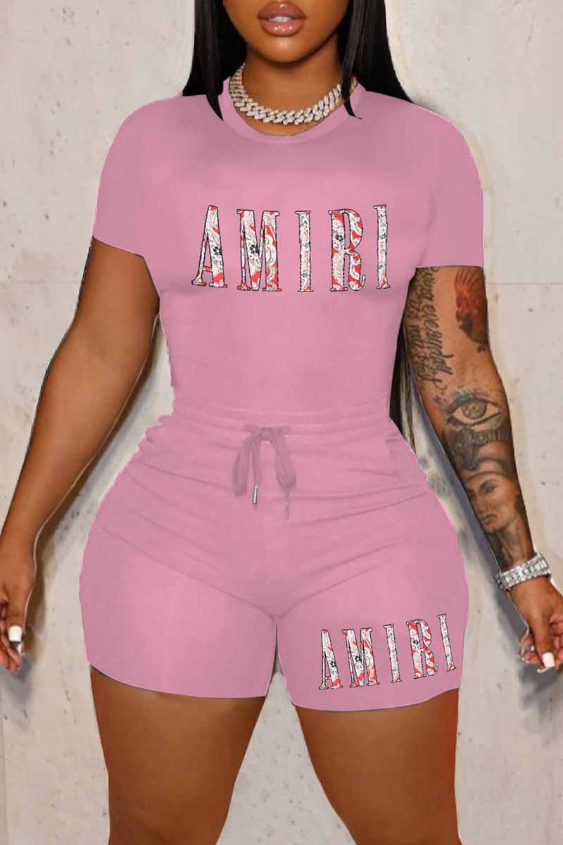 

Pink Street Print Letter O Neck Short Sleeve Two Pieces