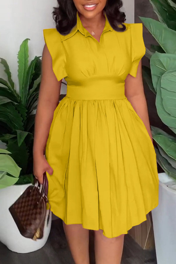 Желтые повседневные милые однотонные платья в стиле пэчворк с отложным воротником