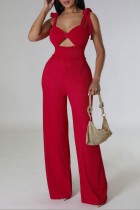 Red Sexy Casual Solid Bandage Hollowed Out Backless Spaghetti Strap Regular Jumpsuits