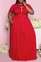 Red Casual Print Bandage O Neck Plus Size Two Pieces