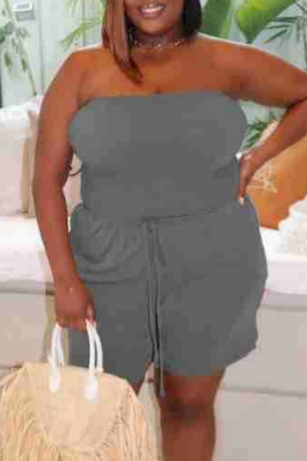 Grå Casual Solid Backless Strapless Plus Size Romper