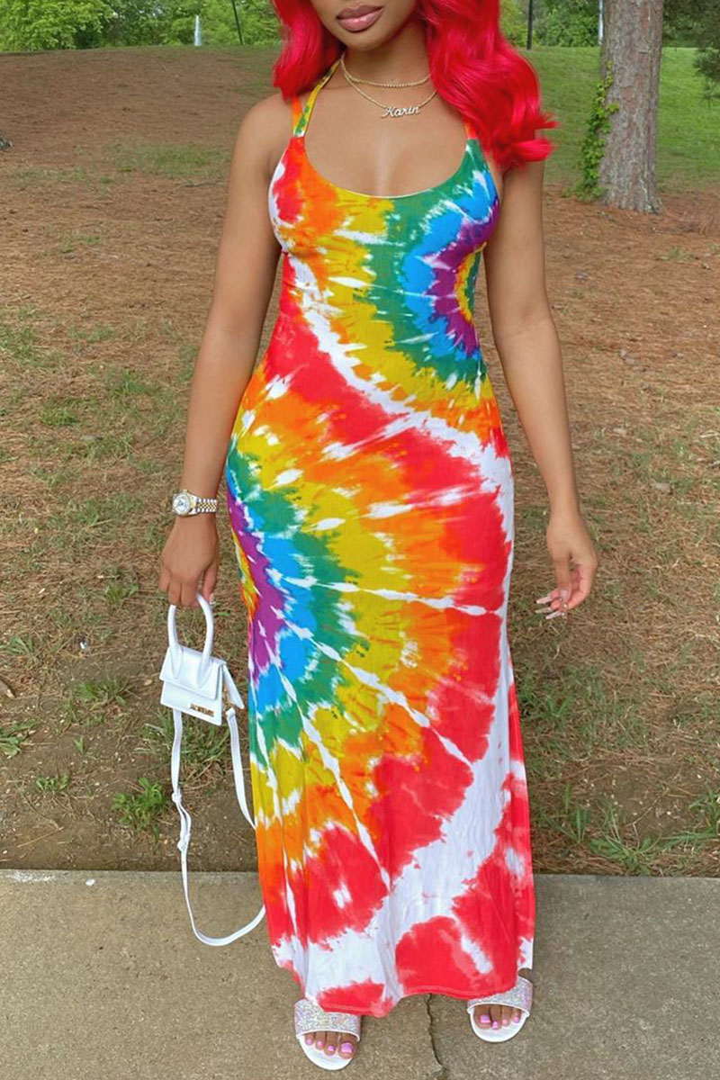 

Multicolor Sexy Print Tie Dye Patchwork Spaghetti Strap One Step Skirt Dresses