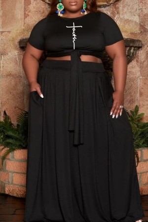 Black Casual Print Bandage O Neck Plus Size Two Pieces