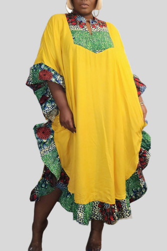 Yellow Casual Street Print Patchwork Flounce V Neck Irregular Dress Plus Size Dresses