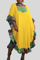 Gelbes, lässiges Street-Print-Patchwork-Volant mit V-Ausschnitt, unregelmäßiges Kleid, Kleider in Übergröße