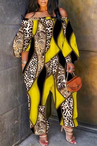 Yellow Casual Print Backless Off the Shoulder Regular Jumpsuits