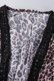 Rose Red Sexig Print Leopard Bandage Patchwork Genomskinlig V-hals Lång Klänning Klänningar