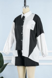 Blanco y negro casual sólido patchwork hebilla cuello vuelto asimétrico manga larga dos piezas