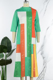 Groen Casual Print Basic O-hals A-lijn jurken